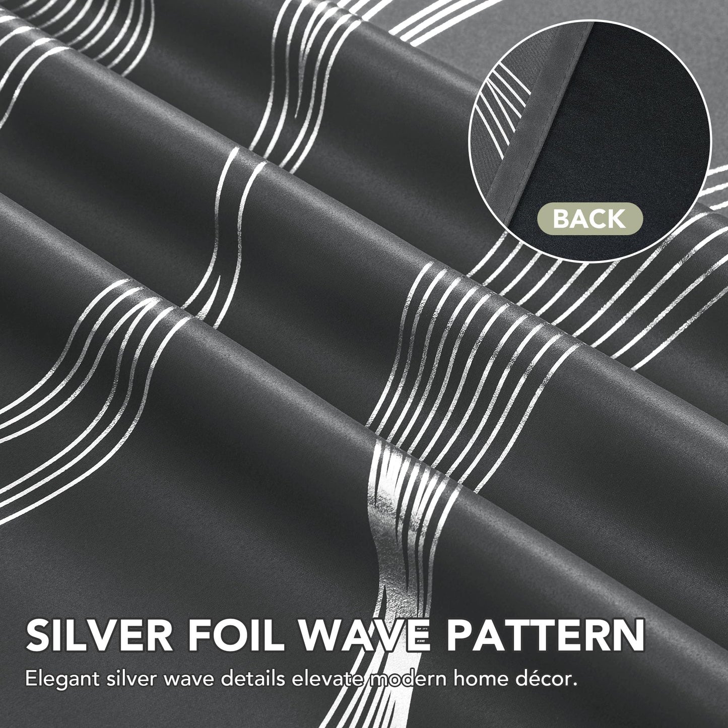 Deconovo Silver Foil Wave Pattern Total Blackout Curtain Panels, Living Room Curtains, White Grommet Top, 2 Panels Set, 52W x 84L, Dark Grey