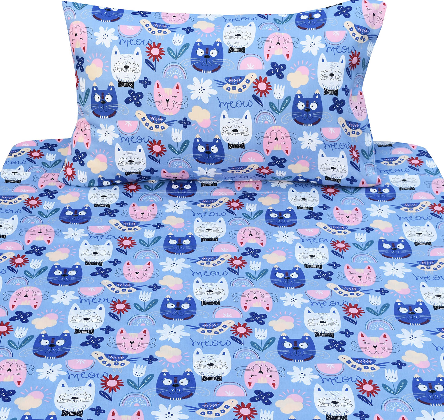 J-pinno Kids Painting Cat Kitty Flower Birds Blue Adorable 100% Cotton Twin 3 Pieces Sheet Set Bedroom Decoration Gift Flat Sheet + Fitted Sheet + Pillowcase Bedding Set for Unisex Boys Girls