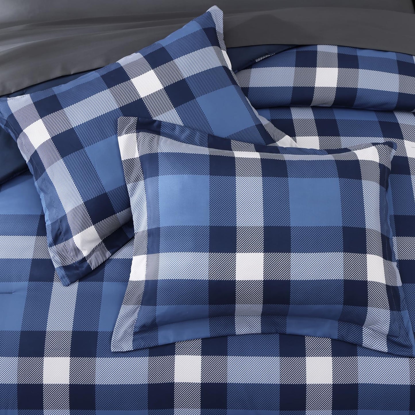 MaiRêve Queen Size Plaid Comforter Set Indigo Blue, Classic Checkered 7 Pieces Farmhouse Bedding Set, All Season Lightweight Bed in A Bag with Sheets, Pillowcases & Shams