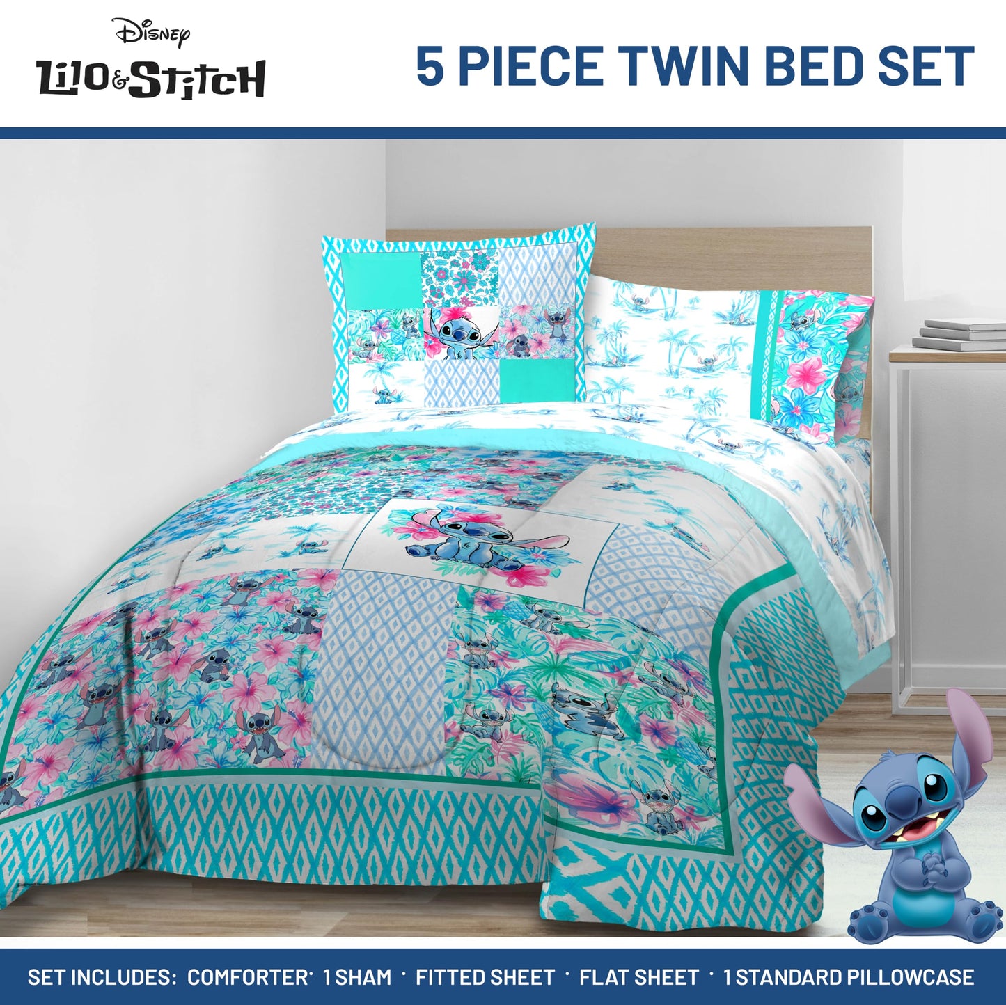 Jay Franco Kids Comforter Set Includes Sheets and Pillow Covers - Soft and Cozy Bed Set for Stylish Room Decor, Multi - Lilo and Stitch 02, 5 Piece Twin Bedding