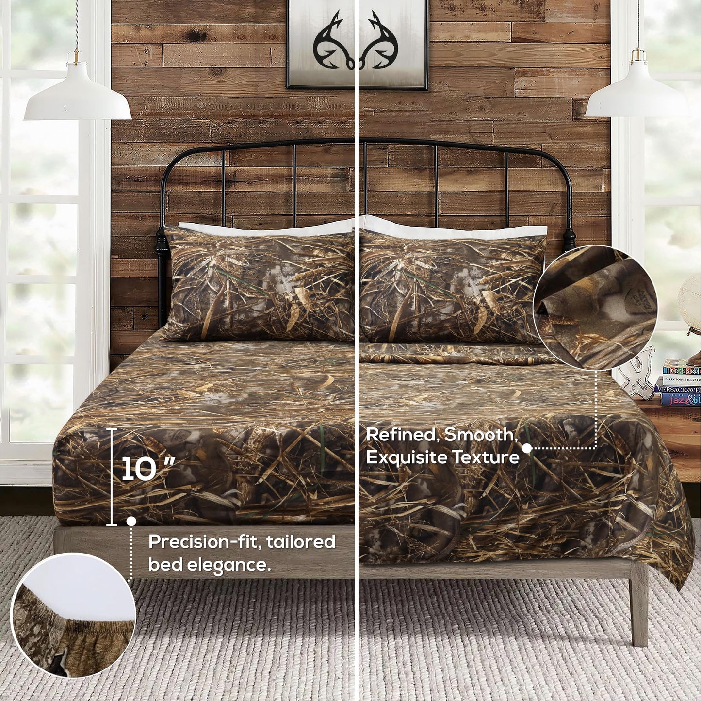VISI-ONE Realtree Max-7 Twin Camo 3 Piece Sheet Set – Lightweight, Cooling, Wrinkle-Free Microfiber 10" Deep Pockets Sheets, Unisex Rustic Western Farmhouse Style for Home, RVs, and Camping Retreats