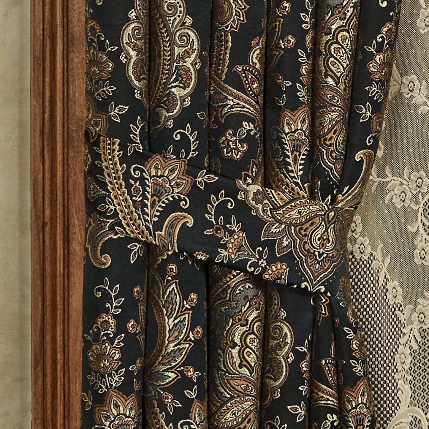 Bellevue Traditional Luxury Window Treatments | Elegant Tapestry-Style Woven Medallions and Florals | Neutral, Black, & Metallic Gold | Lined Drapery Set Includes Scalloped Valance & 95L Curtain Pair