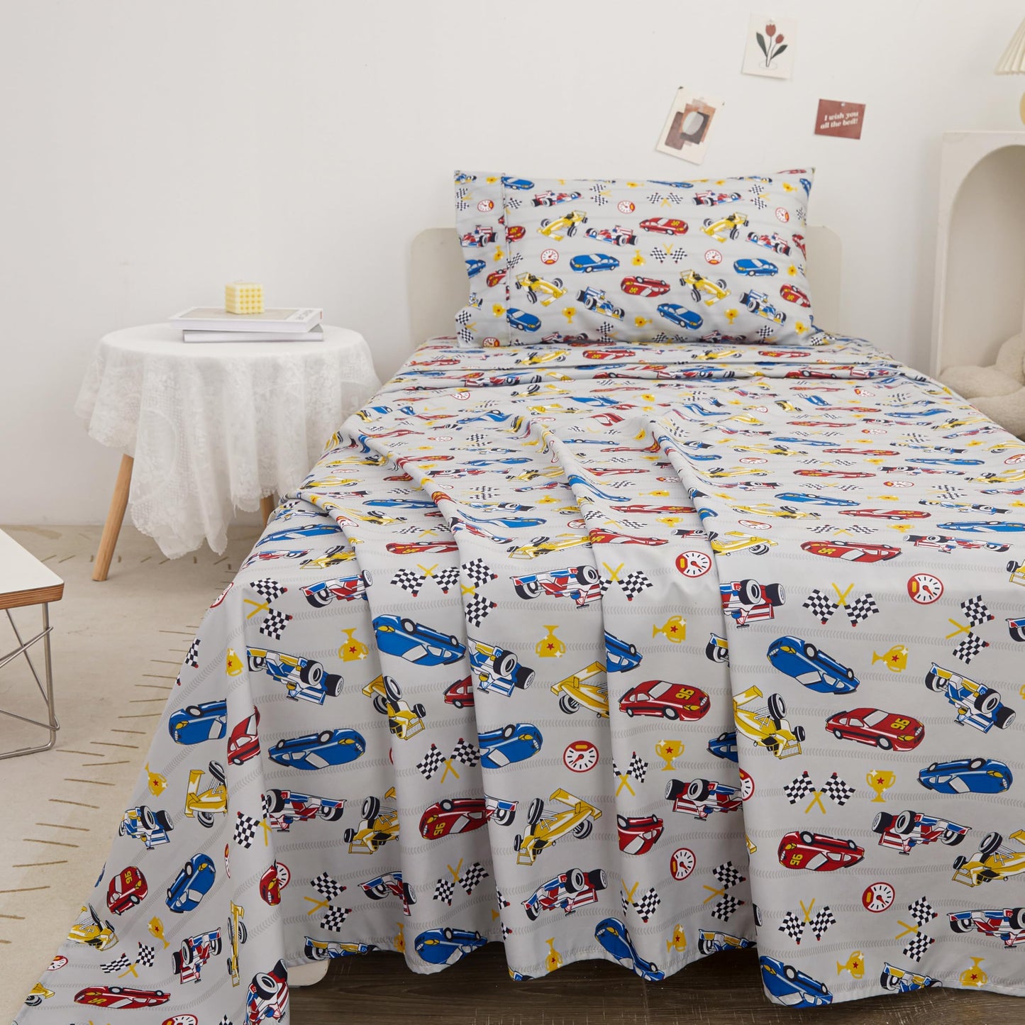 Softan Kids Bed Sheet Set, 4-Piece Full Size Sheets, Microfiber Fitted Sheet with 15 Inches Deep Pocket and Corner Straps, Breathable & Silky Soft Grey Racing Car Pattern Sheet and Pillowcase Sets