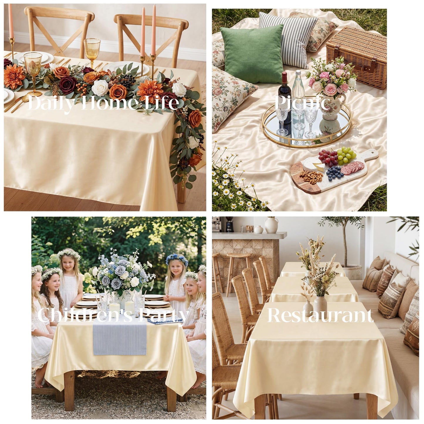 COSINIA 4 Pack Champagne Satin Tablecloth 58 x 102 Inches, Rectangular Satin Table Cloths for Wedding Reception, Birthday Party, Graduation & Holiday Banquet Tables
