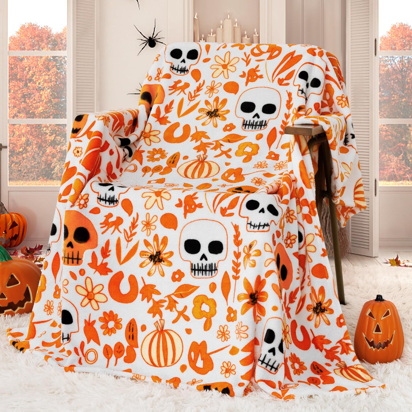 ROMROL Fall Blanket Halloween Throw Blanket, Ghost Blankets, Pumpkin, Fall Throw Blanket Autumn Harvest Plaid Blankets, Soft Fuzzy Plush for Couch Sofa, Flannel Blanket, Halloween Decor (50" x 60")