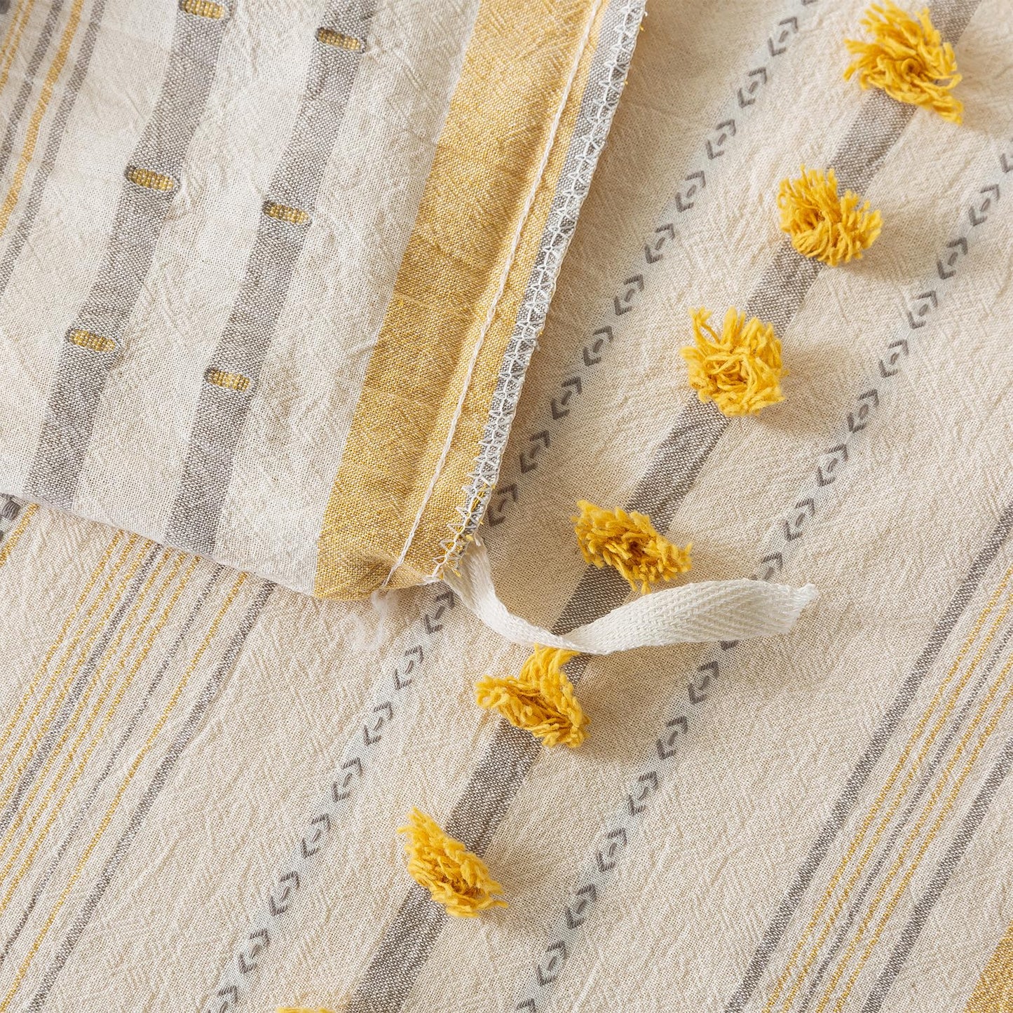 La Sheer Washed Cotton Queen Size Duvet Cover Set - Tufted Dots Boho Chic Bedding for All Seasons, Striped Pom Pom Bedding Linen Like Textured Breathable Durable Soft Comfy (Yellow, 90x90'')