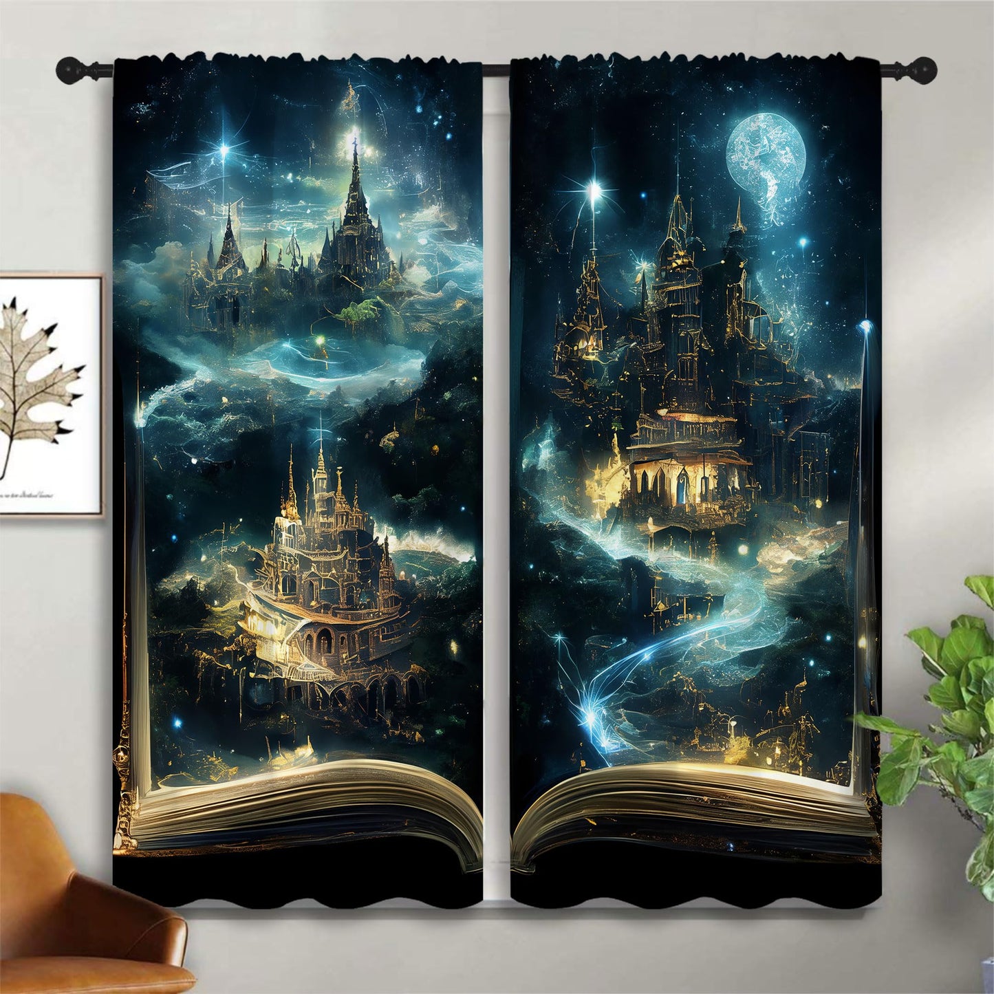 LHROOMJK Magic Book Blackout Curtains for Boys Girl Bedroom Decor,Psychedelic Castle Medieval Building Thermal Insulated Rod Pocket Drapes Darkening Window Curtain for Living Room Home 42x45 inch