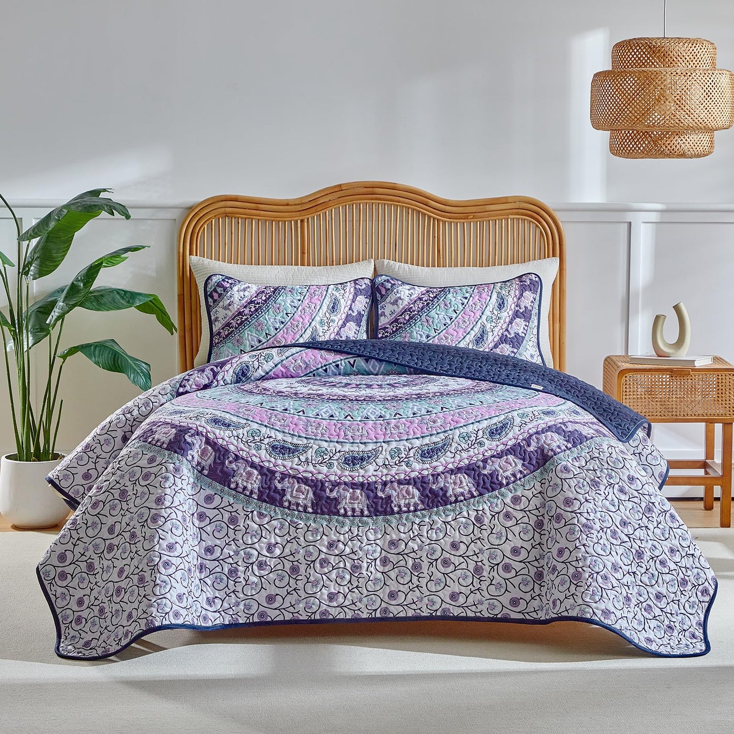 Boho Quilt Set Queen Size - Reversible Bohemian Quilt Bedding Set, 3 Pieces Colorful Lightweight Microfiber Bedspread Purple Elephant Paisley Circle Coverlet Set with 2 Pillow Shams for All Seasons