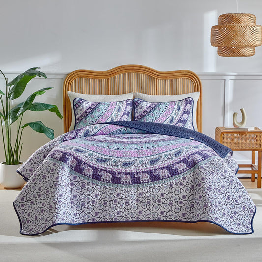 Boho Quilt Set Queen Size - Reversible Bohemian Quilt Bedding Set, 3 Pieces Colorful Lightweight Microfiber Bedspread Purple Elephant Paisley Circle Coverlet Set with 2 Pillow Shams for All Seasons