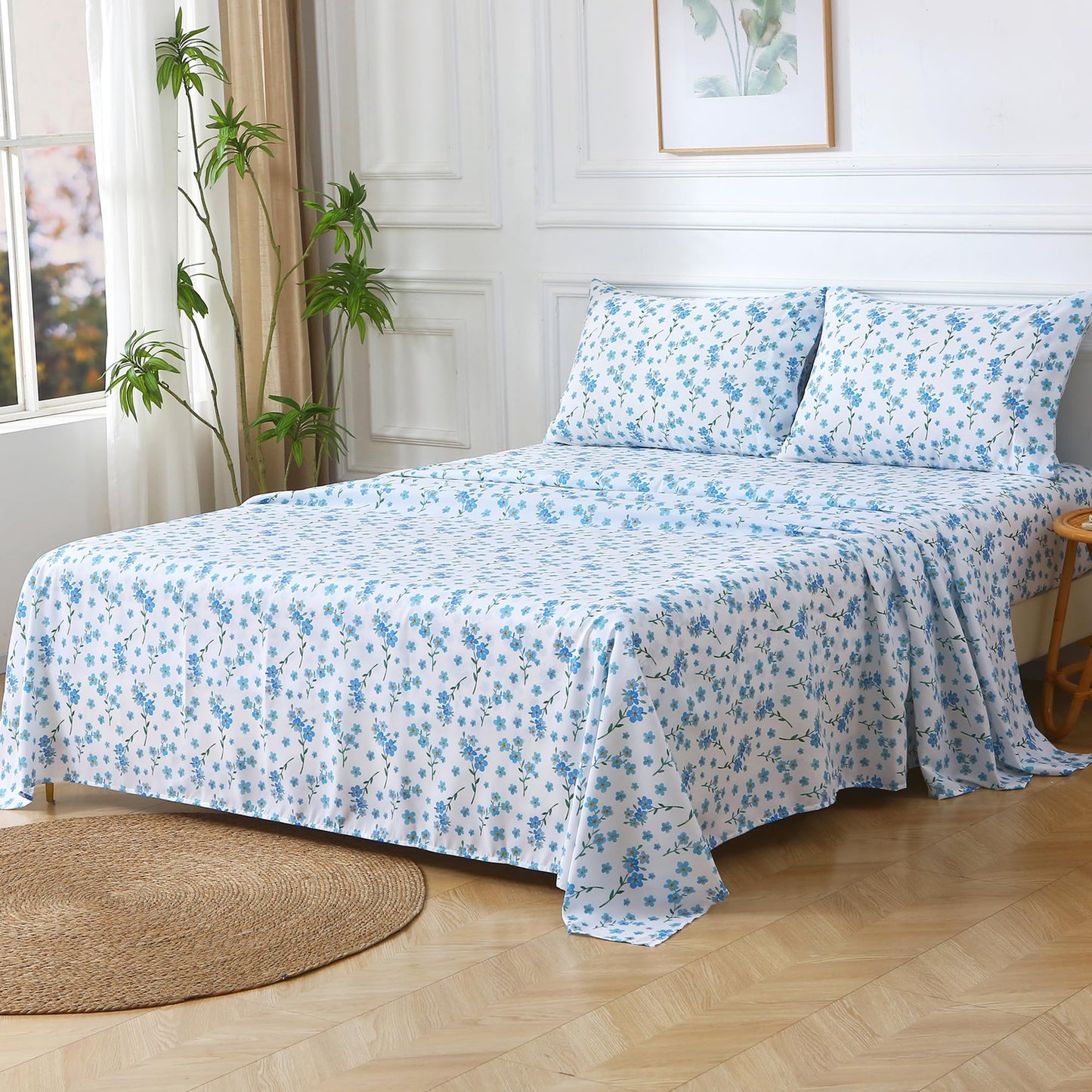 Viviland Floral Queen Sheet Set - 4 Piece Country Fresh Blue Flower Patterned Bed Sheets - Soft, Breathable Microfiber Sheets with Deep Pocket, Non-Slip Fitted Sheets & Pillowcases