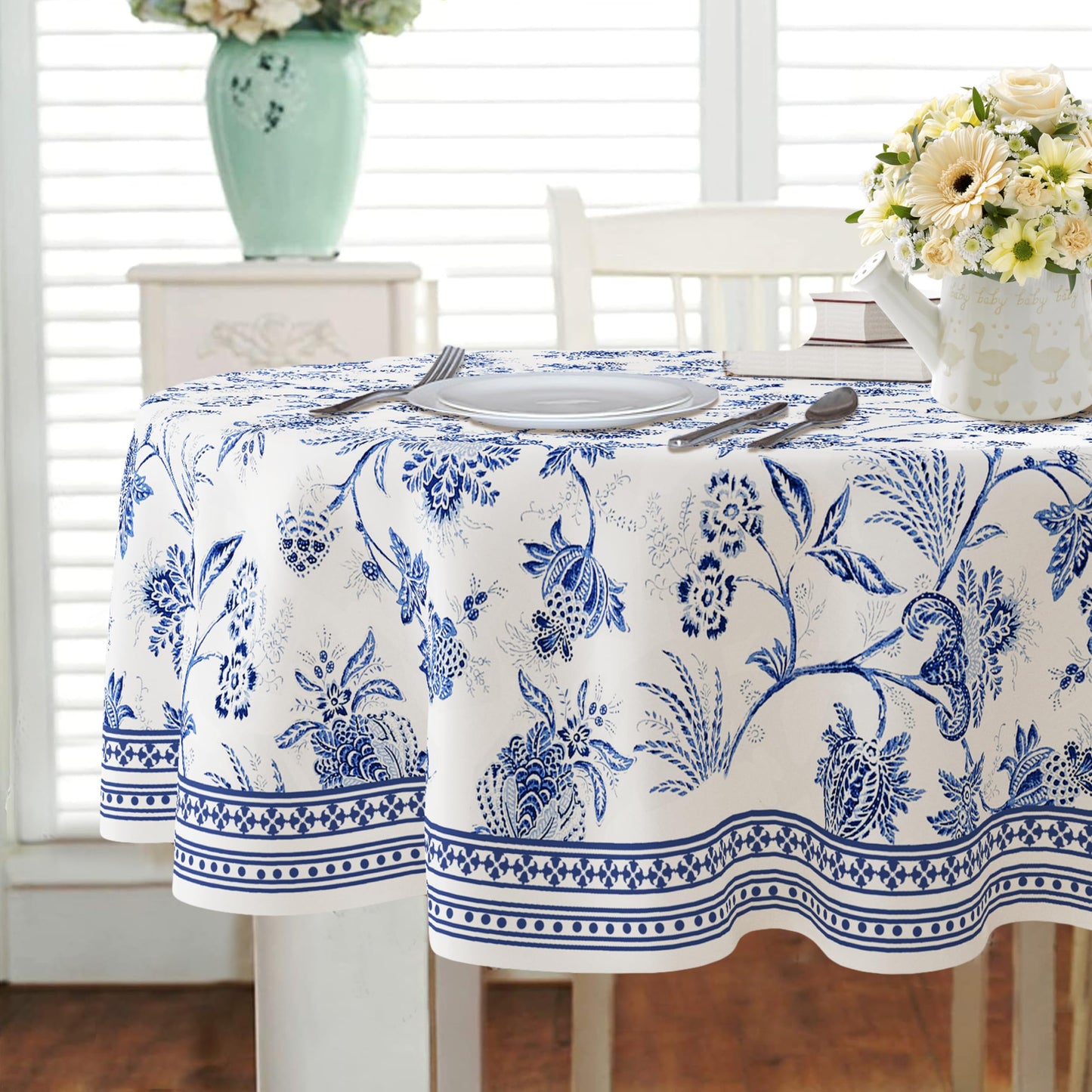 ywionf Blue Floral Oval Tablecloth,60x84inch,Blue and White French Country Style Tablecloth,Country Style Flower Polyester Waterproof Table Cloth,Suitable for Farmhouse Kitchen,Party,and Picnic