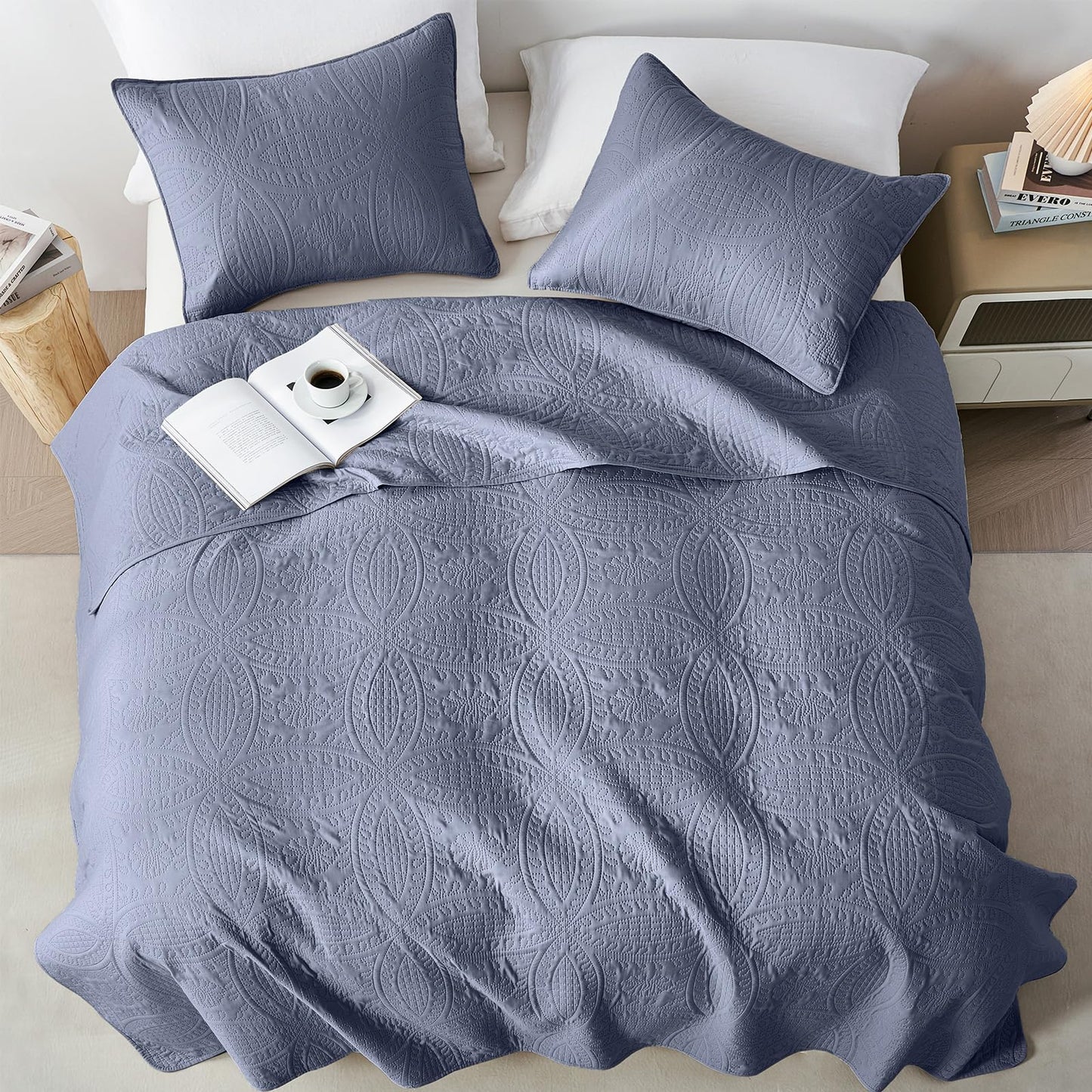 akkialla Quilts Queen Size,Bluish Grey Ultrasonic Full/Queen Quilt Set,Lightweight Soft Bedspread Coverlet,Modern Style Coin Pattern Bed Cover for All Seasons,3 Piece(1 Quilt,2 Pillow Shams)