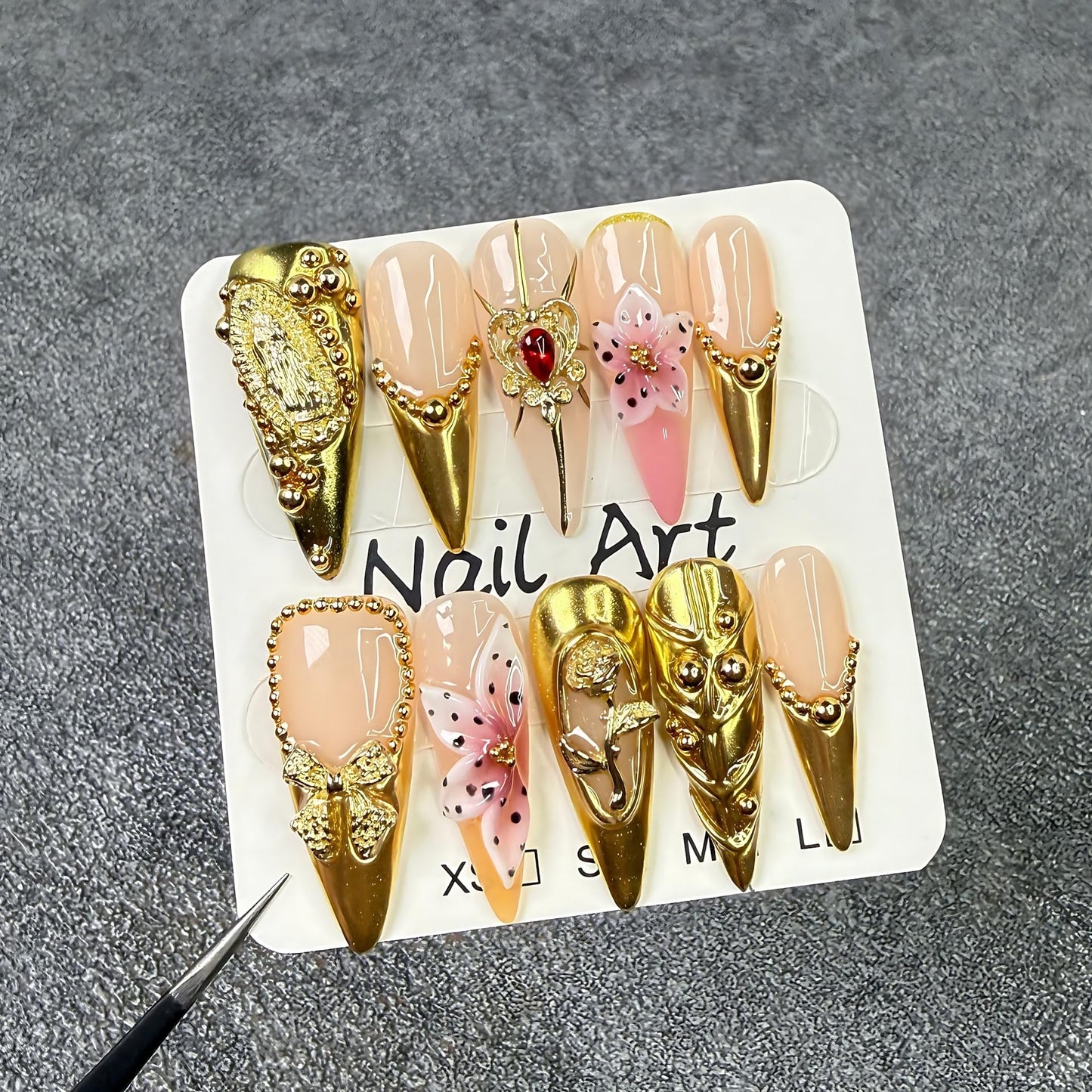 Handmade 3D Nail Art Press Ons Homemade Press On Nails French Tip With 3D Design Summer Flower Fake Nail For Women M
