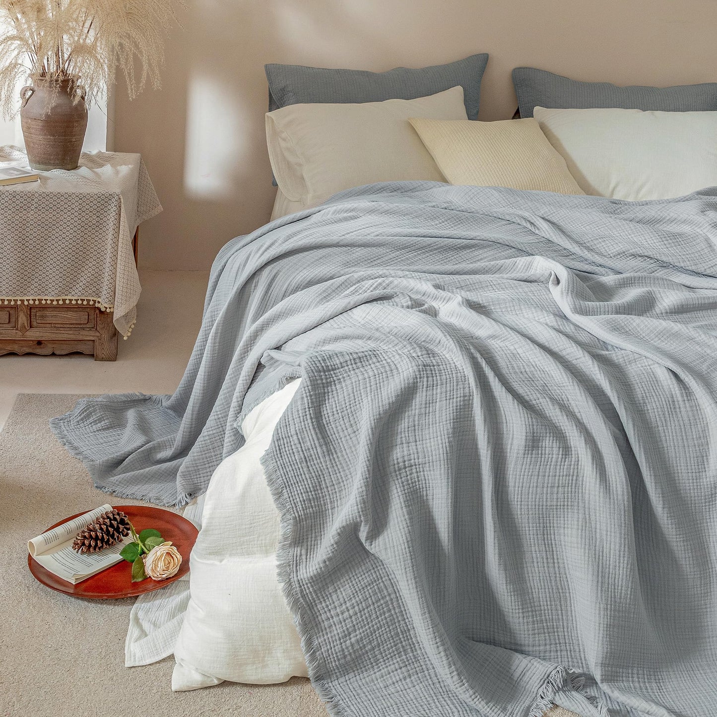 Muslin Fringe Blanket for Adults 100% Cotton 4-Layer Gauze Cloud Soft Breathable Lightweight All Season Throw Blanket for Bed Couch Sofa Office (Dusty Blue, Twin XL 66" × 90")