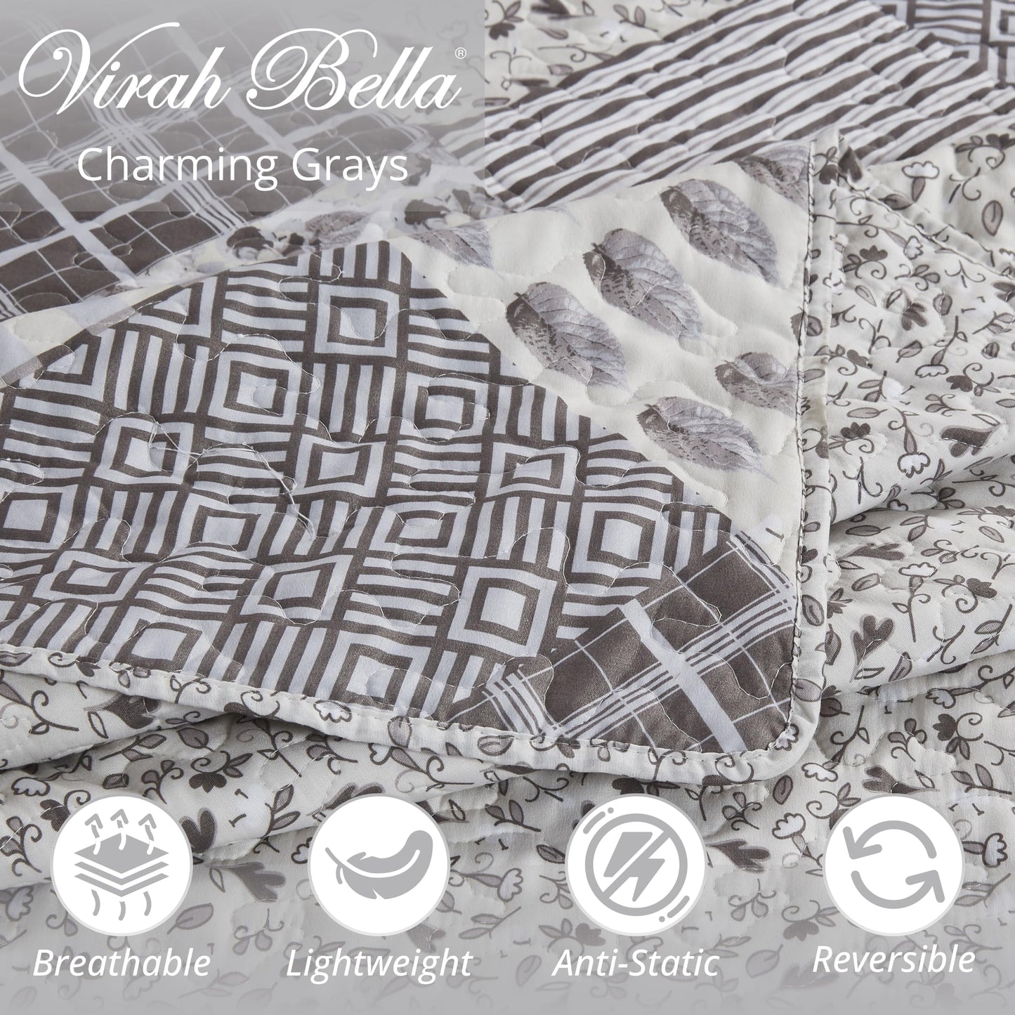 Virah Bella Quilt Bedding Set in Full/Queen Phyllis Dobbs Charming Grays Printed Lightweight Reversible Quilt with 2 Matching Pillow Shams - Cozy & Beautiful Contemporary-Themed Bedding
