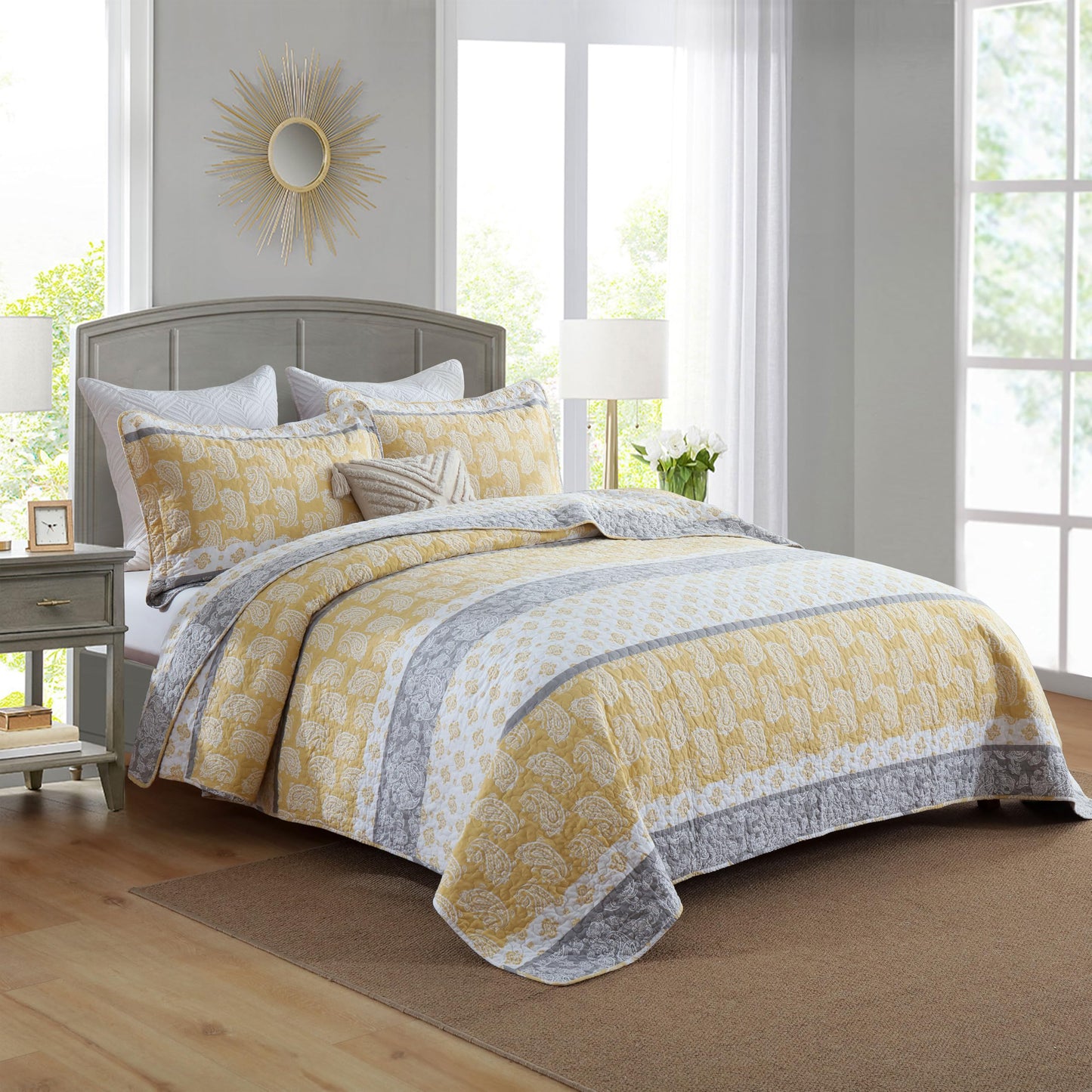 AJOCCI Yellow Quilts Queen Size, Paisley Comforter Set Queen Cotton Bed, Yellow Grey White Comforter, Striped Bedding Queen Size, Lightweight Luxury Bedspread,3 Piece