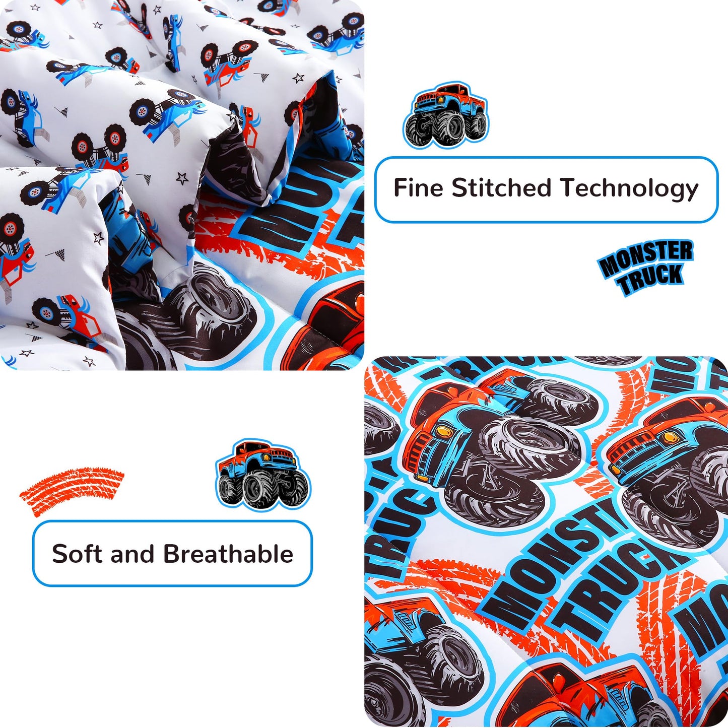 Viviland Kids Twin Bedding Sets for Boys, Soft Twin Comforter Set with Sheets, 5 Pieces Microfiber Bed in a Bag, Monster Truck