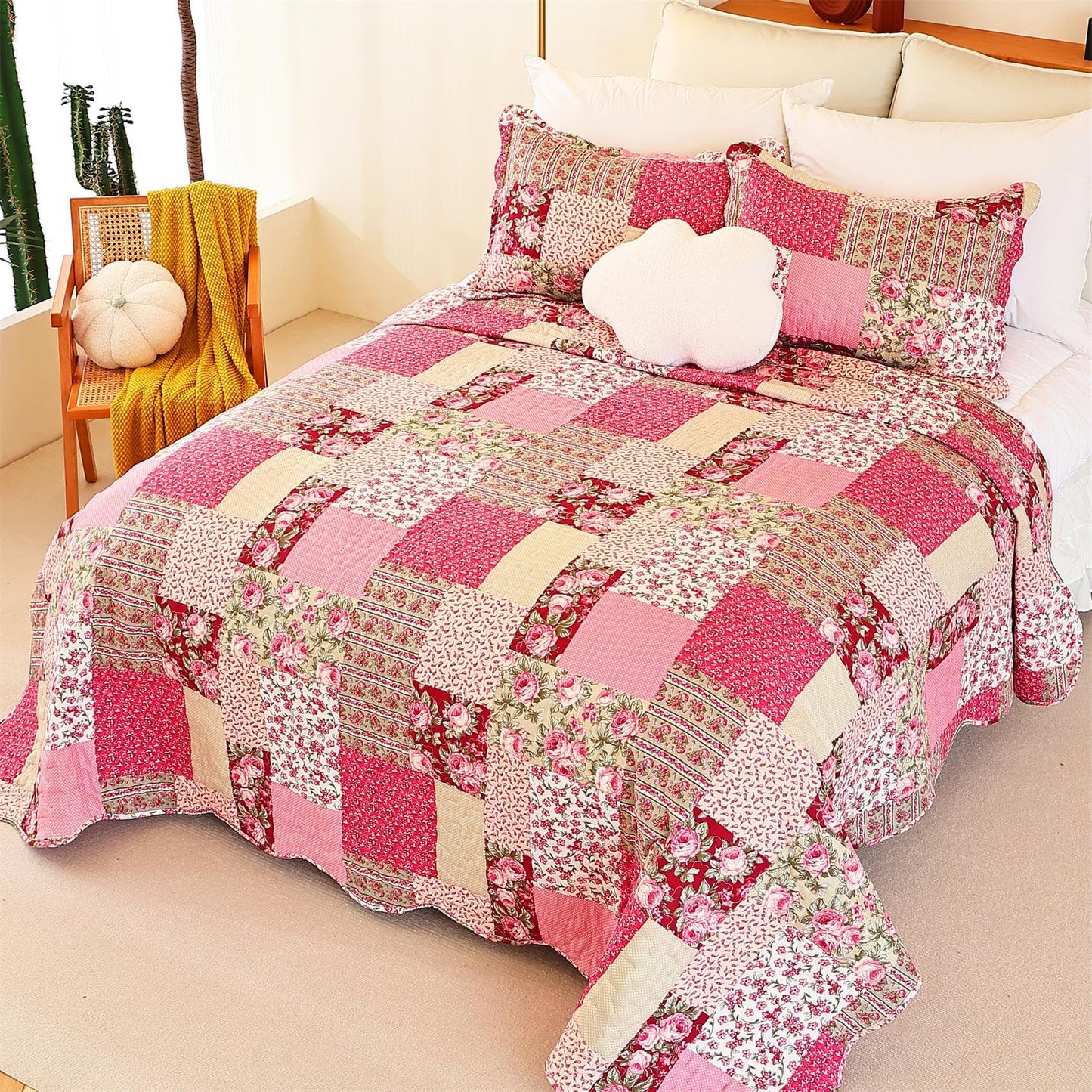 Cmfshape Summer Floral Oversize King Bedspread,Romantic Pink Quilt Set King,Reversible Stitched Bedding Set All Season,Soft Lightweight Coverlet with Pillow Cases (Hot Pink&Rose, Super King114 x102)