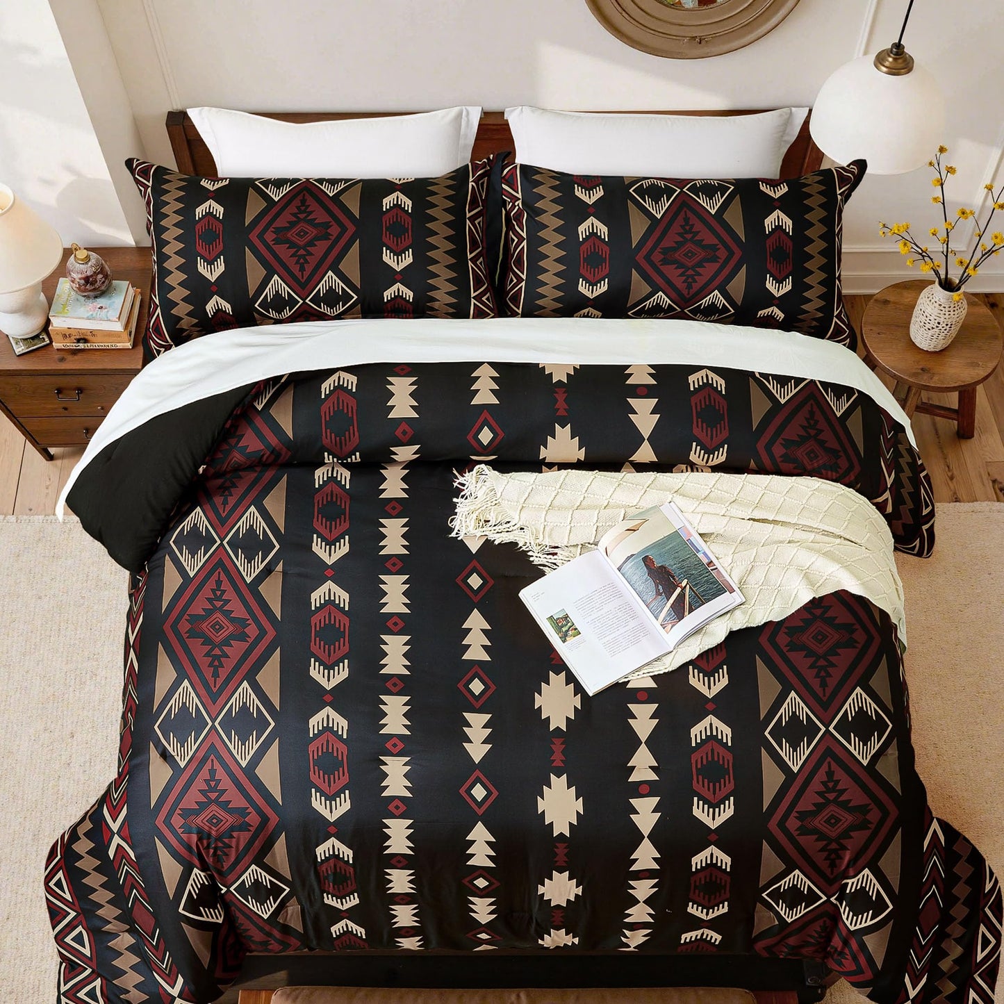 Tyrot King Comforter Set – 3 Piece Black Red Boho Aztec Bedding, Western Southwestern Style Comforter Sets, Soft Lightweight Comforter for All Seasons, 1 Comforter & 2 Pillow Shams