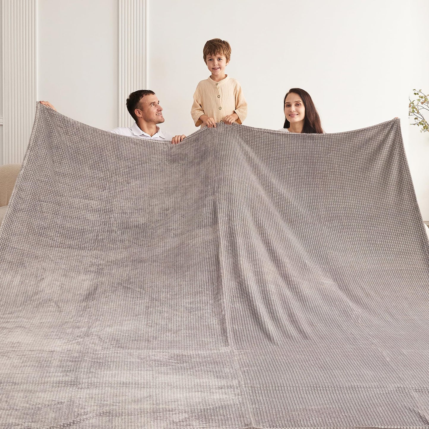 Oversized King Fleece Blanket 120x138 Inches, Seamless Soft Cozy 3D Jacquard Flannel Blanket 10'x11.5' Extra Large for Bed, Sofa, Couch, Travel & Camping, California King Throw, Light Grey - Waffle