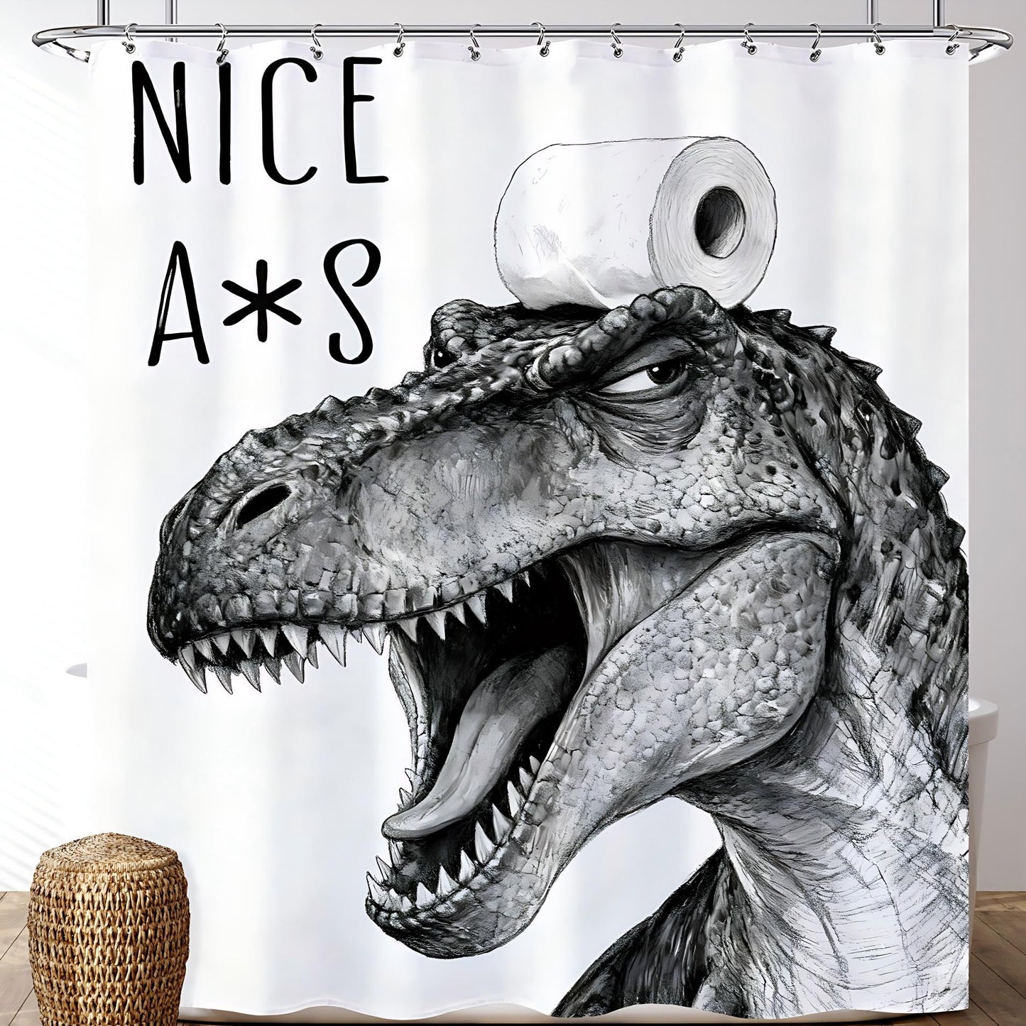 Opeoddie Funny Dinosaur Shower Curtain Black and White Fun Cute Animal Shower Curtains Set Cloth Fabric Dino Trex Raptor Whimsical Ridiculous Bathtub Curtain Teen Boys Kids Cool Bathroom Decor 60x72