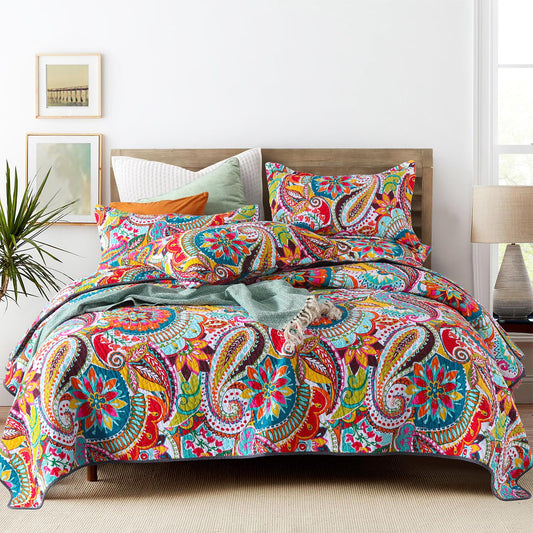 Qucover Oversized King Quilt, 100% Cotton California King Quilt, Boho Style Bedspread with Paisley Floral Pattern, 3pc Ultra Soft Cloud-Like Colorful Coverlet, Lightweight Comforter Bedding Set