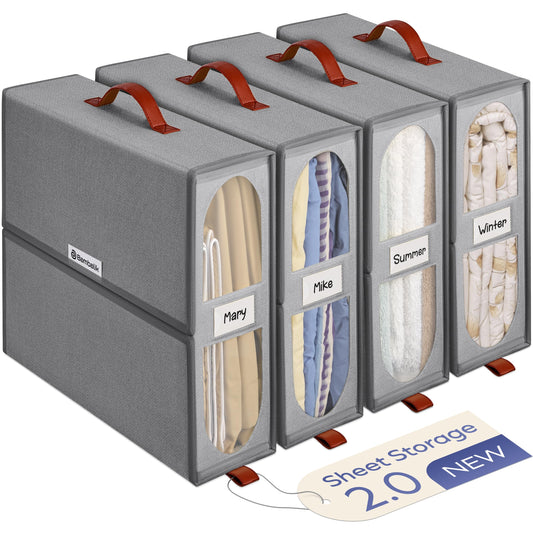 BAMBALIK 4x Bed Sheet Organizer Storage Boxes with Big See-Through Windows - Bedsheet Organizers Redesigned. Robust Bed Sheet Storage -15x13x5 Inches Sheet Organizers Containers (Gray)