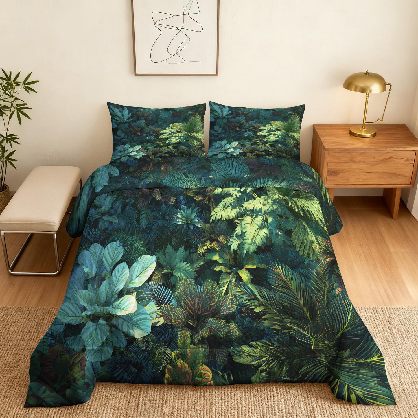 Tropical Leaves Comforter Set King Size 3Pc, Jungle Rainforest Pattern Down Alternative Bed Comforter, 2 Pillow Shams, Soft All Season Bedding, Tropical Leaves Bedroom Decor