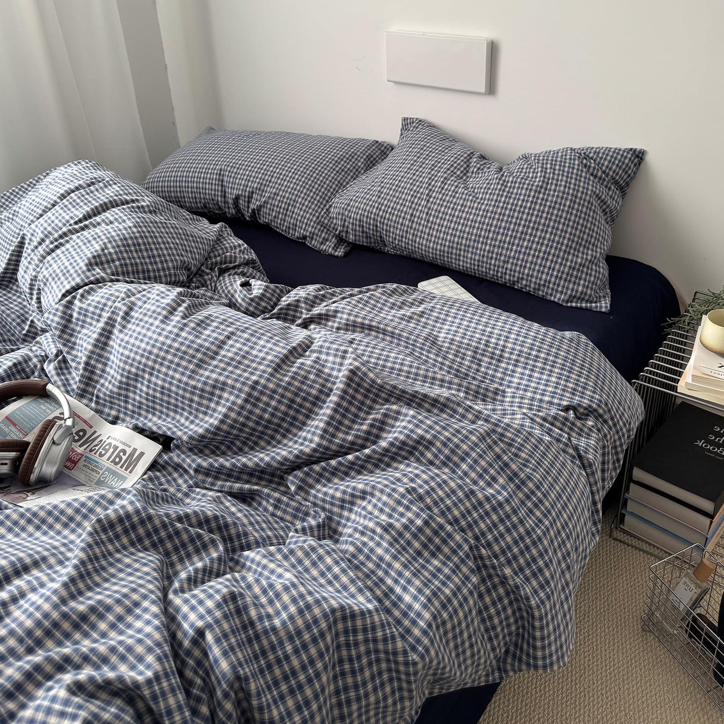 VM VOUGEMARKET Demin Blue Gingham Duvet Cover Queen 3 Pieces Neutral Plaid Grid Duvet Cover 100% Washed Cotton Comforter Cover with 2 Pillowcases Farmhouse Checkered Bedding Set