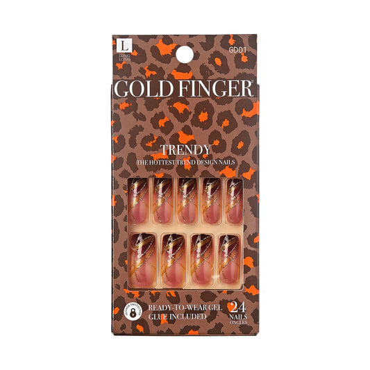 KISS Goldfinger Gel Glam Press on Nail Dark Brown Glitter French Full Cover Luxurious Design, Square Shape, Medium Length, Mini Glue Included GF64