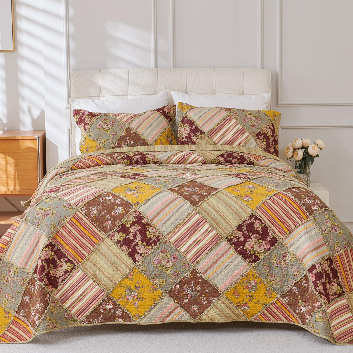 Cmfshape Floral Quilt Sets Bedspread Set 100% Cotton Patchwork Bedding Set, All Season Use Lightweight Reversible Coverlet Quilts with 2 Pillow Shams(Queen 90"x90")