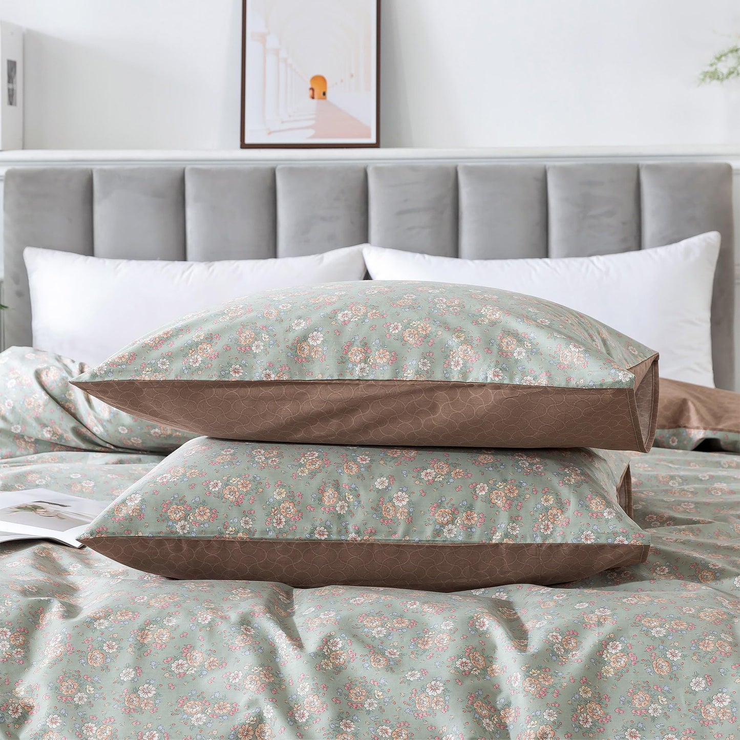 HoneiLife Wildflower Duvet Cover King - 100% Cotton Comforter Cover Sets, Floral Duvet Cover Sets, Botanical Bedlinen Set with Zipper Closure & Corner Ties