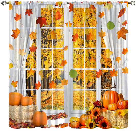 Fall Kitchen Curtains, Vintage Rural Orange Autumn Forest Maple Leaves Farmhouse Pumpkin Sunflower Landscape Window Treatments Rod Pocket Drapes for Living Room Bedroom 42x45in（No Blackout）