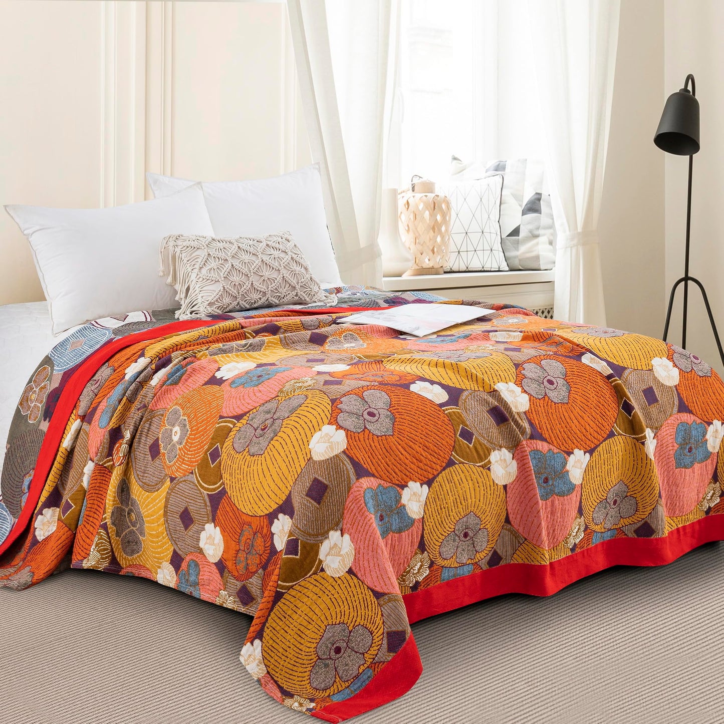Purefair 100% Muslin Cotton Throw Blanket for Bed Couch Chair, Floral Persimmon Printed Colorful Retro Quilt Ultra Soft Reversible Gauze Blanket for All Season, 60"x80"