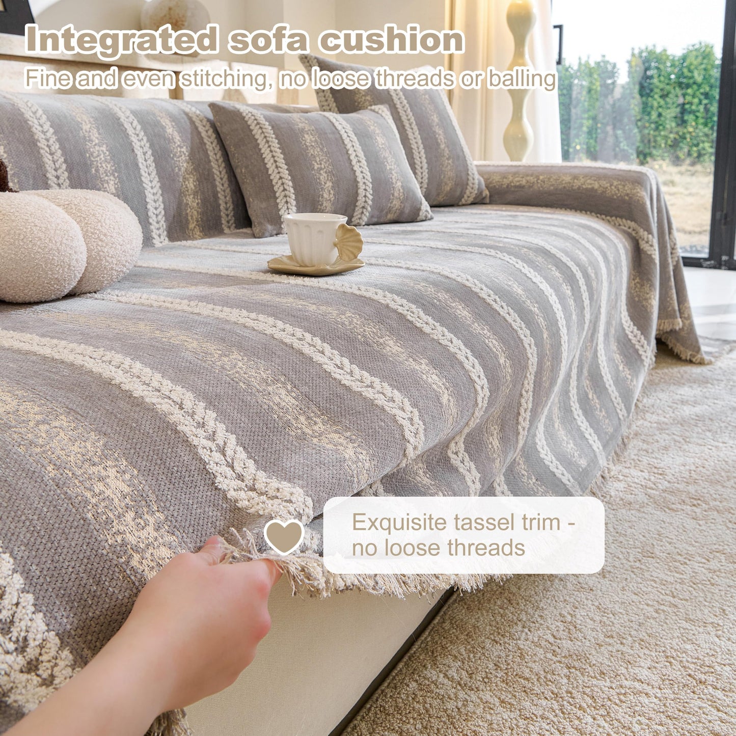 Fuyulacom Couch Cover for Dogs Washable Sofa Cover, Sectional Couch Covers, Sofa Covers for 2 Cushion Couch, Non Slip Stripe Sofa Slipcovers Furniture Protector (Light Grey, 71 * 118)