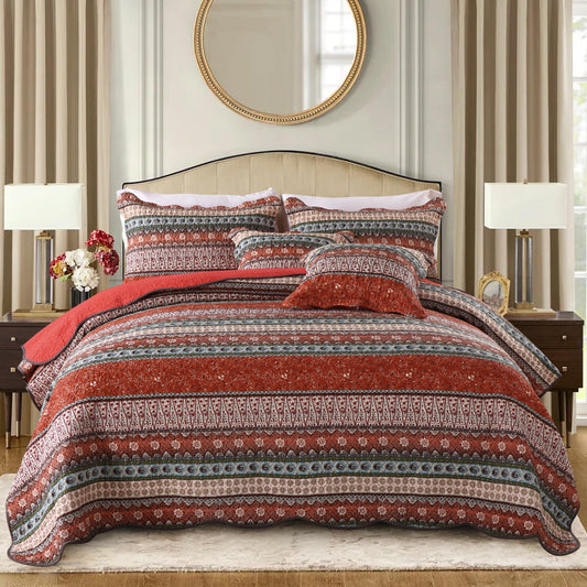 Etwel Lightweight Cotton Queen Size Quilt Set - Breathable Reversible Bedspread for Hot Sleepers, Farmhouse Floral Bedding Set with 2 Pillow Shams for All Season (90"x98", Vintage Red)