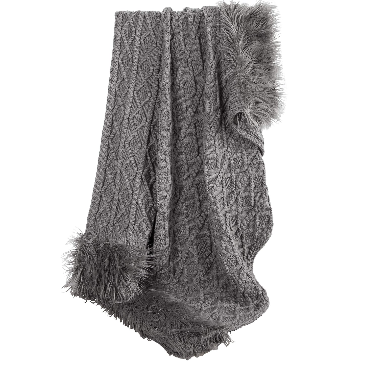 HiEnd Accents Nordic Cable Knit and Faux Mongolian Fur Wool Throw, 50x80 inch, Gray Solid Color, Sweater Style, Diamond Pattern, Soft Cozy Warm Luxury Blanket
