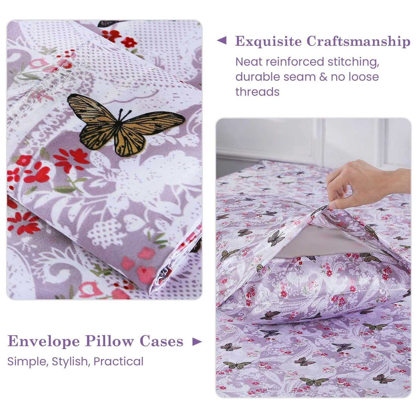 lasoftan Paisley Floral Satin Sheets Twin, Silky Butterfly Printed Fitted Bed Sheet with 15" Deep Pocket & Non-Slip Straps, Luxury Hotel Satin Summer Cooling Sheets & Pillowcase Set, Purple