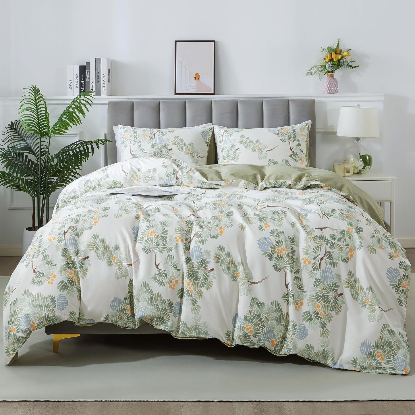 HoneiLife Duvet Dover Queen Size - 100% Cotton Comforter Cover Botanical Bedlinen Set with Zipper Closure & Corner Ties, 3-PC Forest Comforter Cover Sets