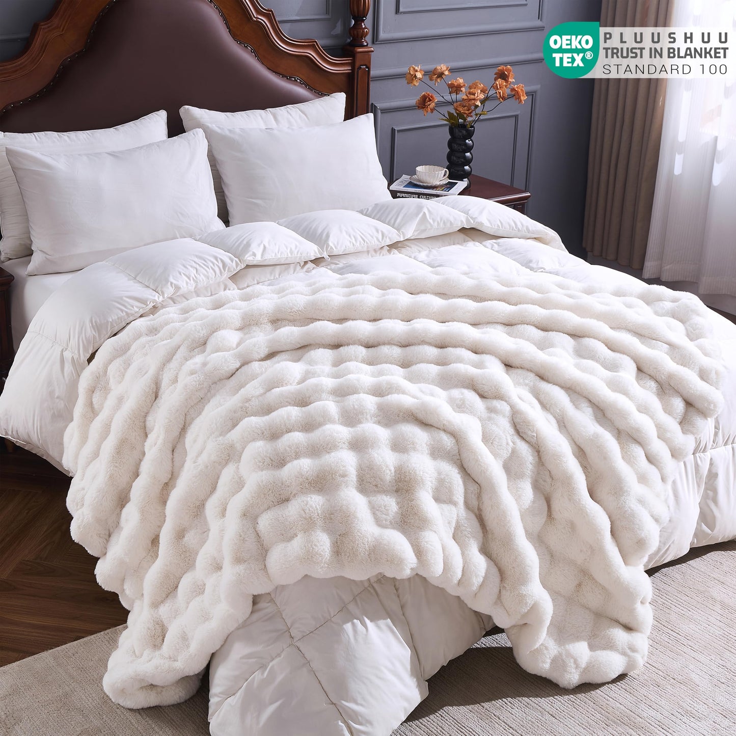 PLUUSHUU Faux Fur Throw Blanket for Couch, Fluffy Fuzzy Plush Bubble Blanket, Soft Warm Cozy Shaggy Rabbit Blanket, Luxury Decorative Gifts for Sofa Bedroom Living Room, 60x50inch (Beige)