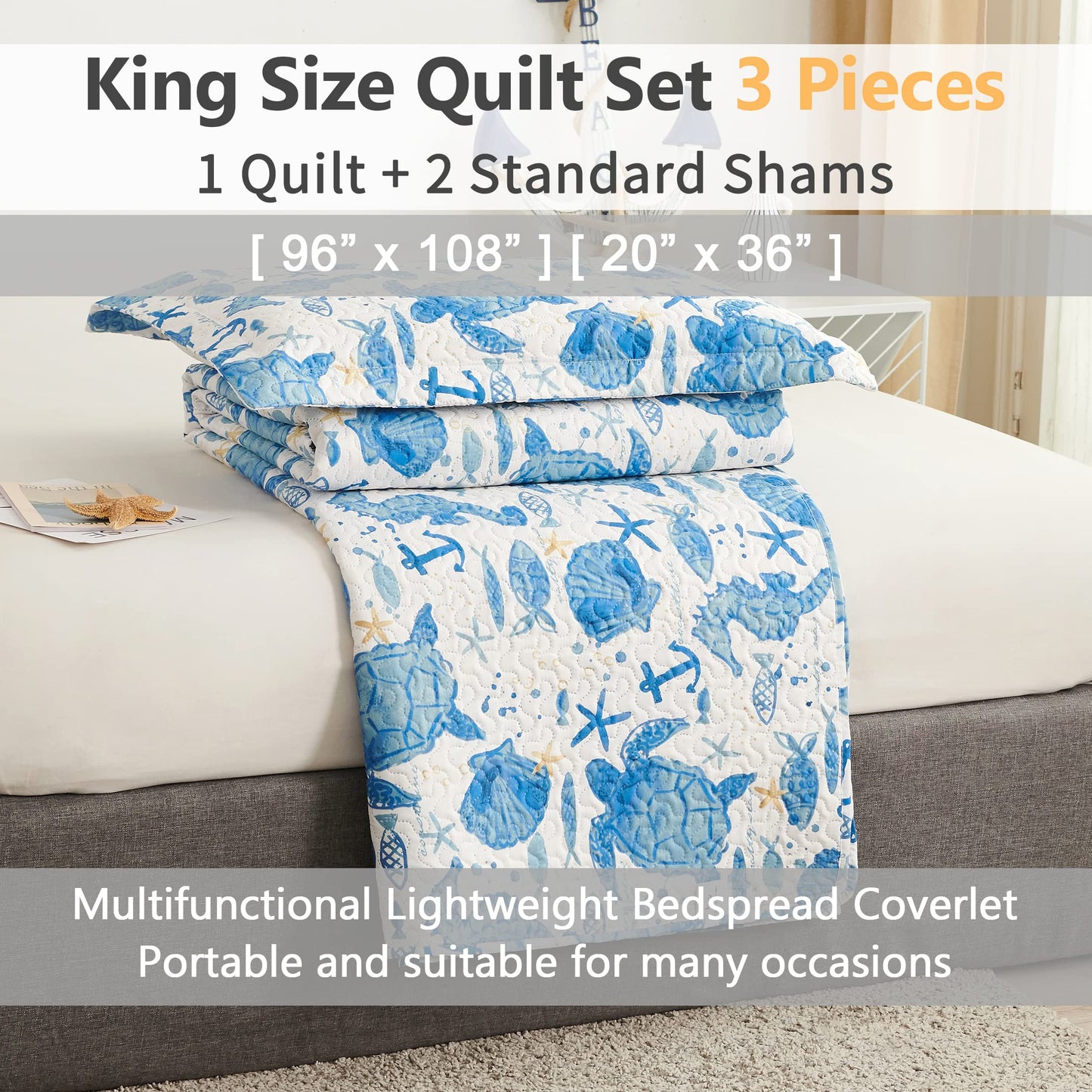 Coastal Beach Quilt Set - King Size Ocean Bedding Reversible Quilt - Lightweight Summer Bedsread Coverlet - Sea Turtle Blue