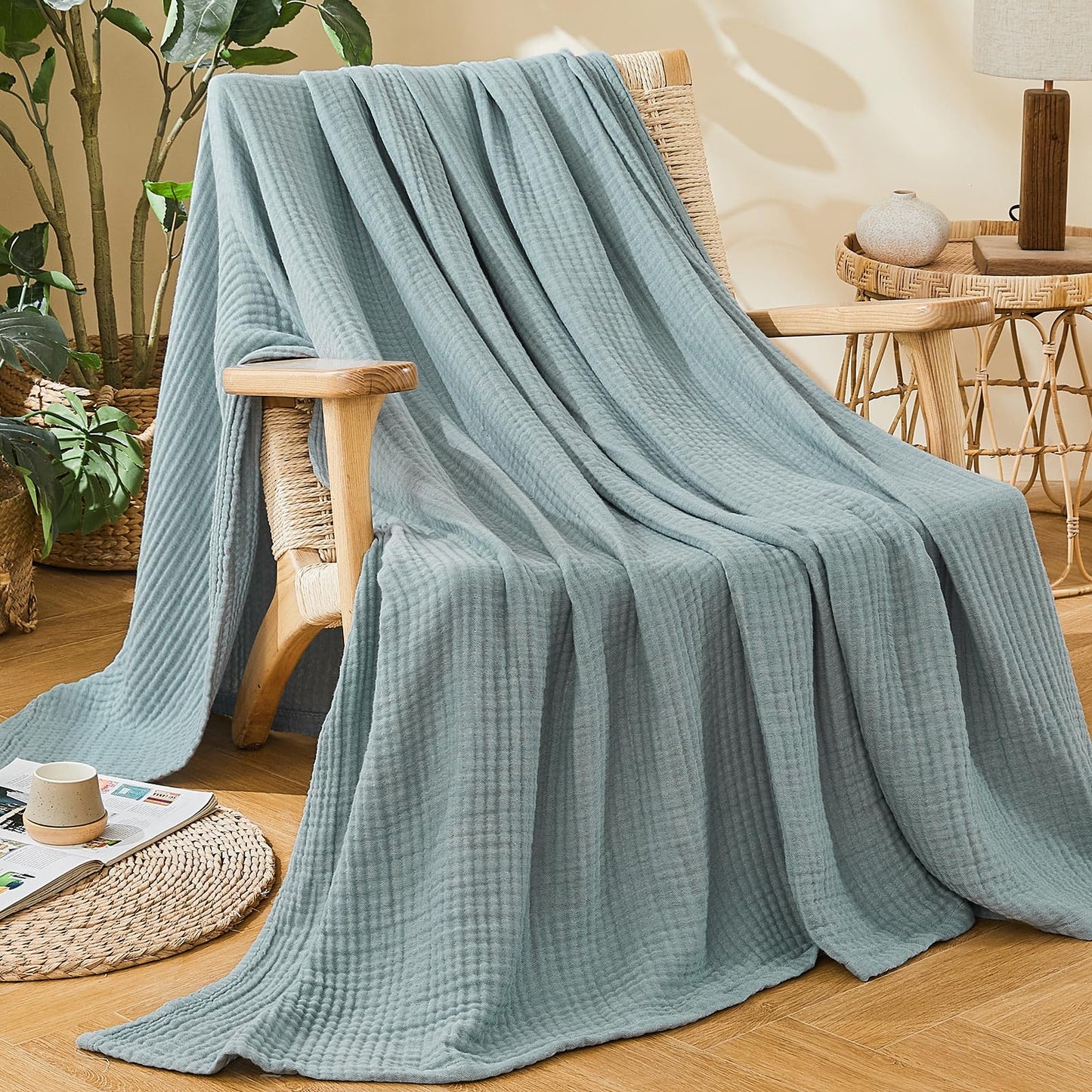 EMME Cotton Muslin Large Throw Blanket Couch Breathable Gauze Soft Lightweight Bed Blankets Adults (Heather Teal, 50"x70")