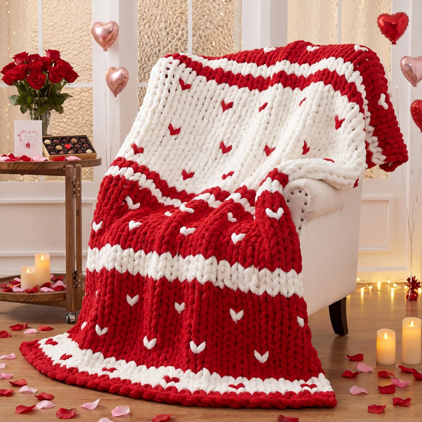 Mindsoft Chunky Knit Throw Blanket Large 50" X 60" Handmade Cream Chenille Loop Yarn Fluffy Soft Knitted Throw Big Cozy Thick Cable Knit Crochet Blanket for Couch Sofa Bed(Red,Heart)