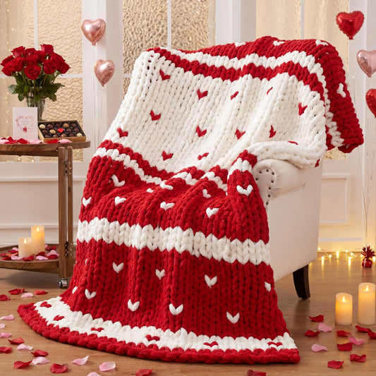Mindsoft Chunky Knit Throw Blanket Large 50" X 60" Handmade Cream Chenille Loop Yarn Fluffy Soft Knitted Throw Big Cozy Thick Cable Knit Crochet Blanket for Couch Sofa Bed(Red,Heart)