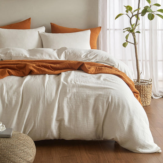 SE SOFTEXLY Muslin Duvet Cover Queen Size, 100% Washed Cotton Duvet Cover Set, Ultra Soft Comforter Cover Linen Like, 3 Pieces Minimalist Gauze Duvet Cover with 2 Pillowcases, 90"x90", White