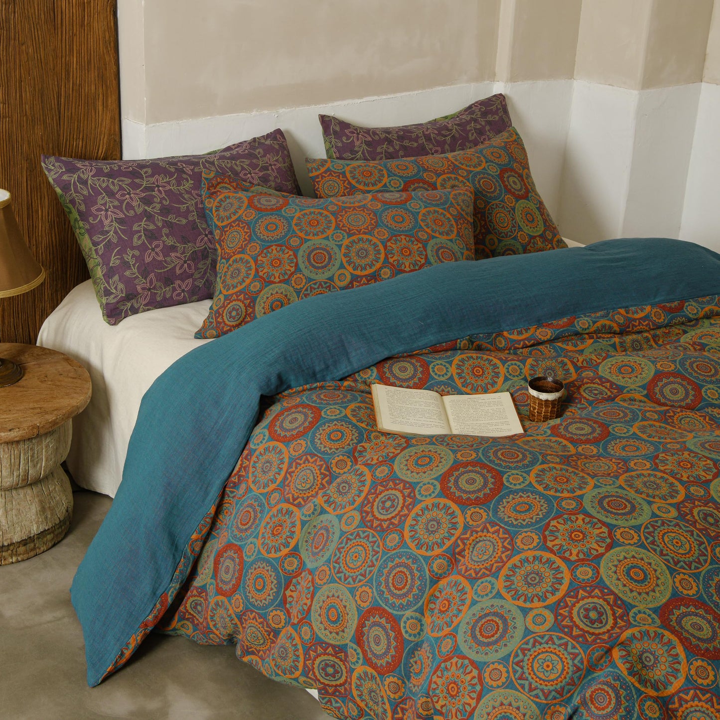 BISELINA 100% Cotton Muslin Duvet Cover Set Queen, 3 Pcs Yarn-Dyed Jacquard Textured Vintage Kabyle Pattern, Soft and Breathable Bedding Set with Zipper Closure, Kabyle Blue Orange