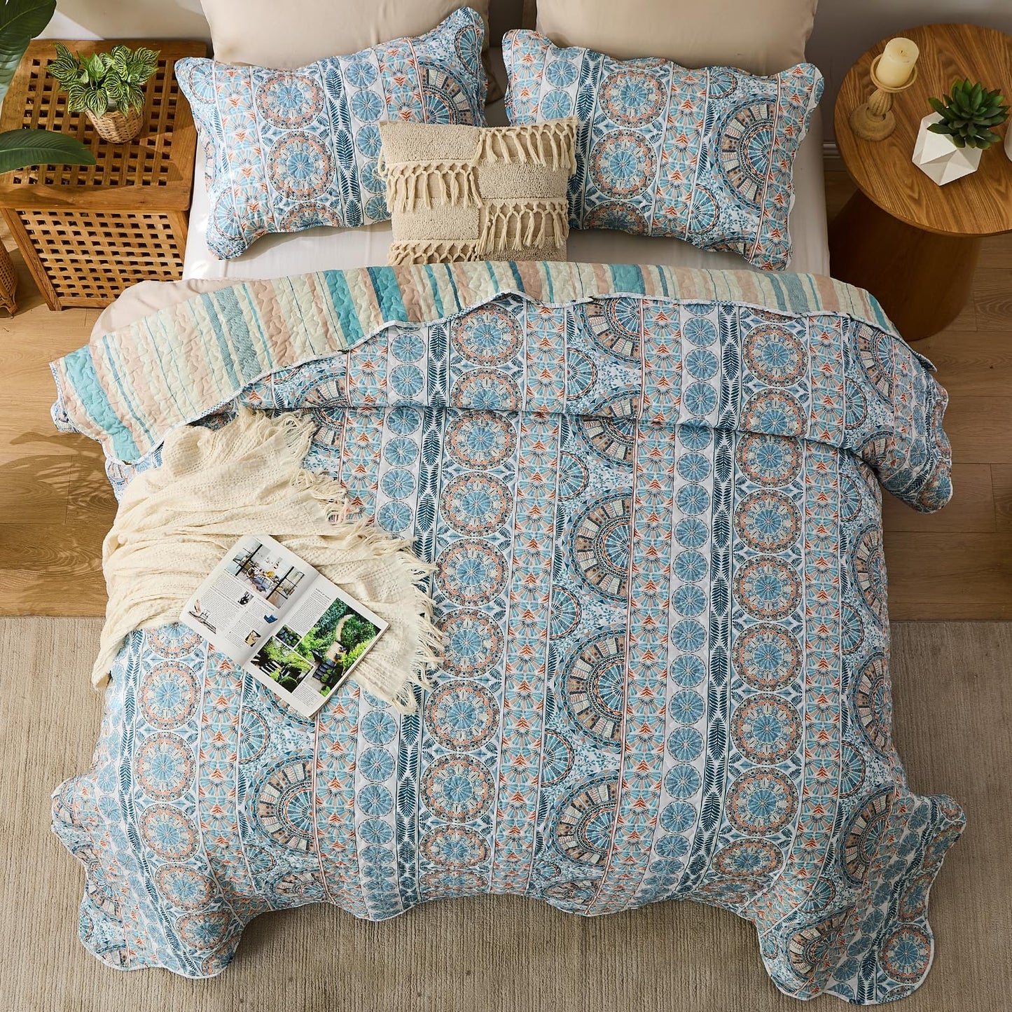 Qucover King Size Quilt Bedding Set, Teal Blue Striped Reversible Boho Quilt Sets, 3pc Lightweight Microfiber Oversized King Bedspread Coverlet for All Season, Bohemian Bedroom Decor
