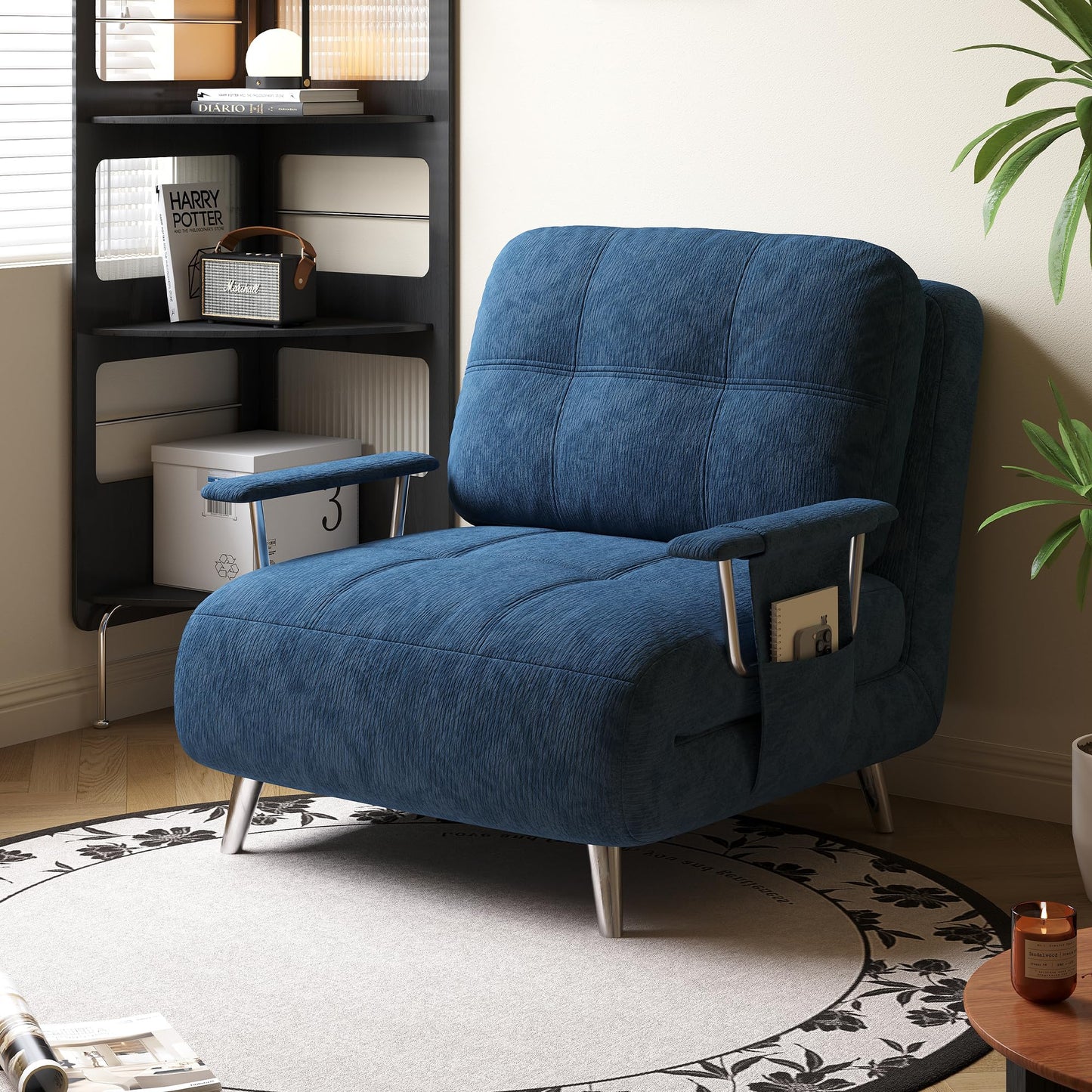 Vakdle 5-in-1 Chenille Convertible Sofa Bed with 5-Position Adjustable Backrest Sleeper Sofa Chair with Armrest Storage Pocket Mid-Century Style Sleeper Chair for Living Room