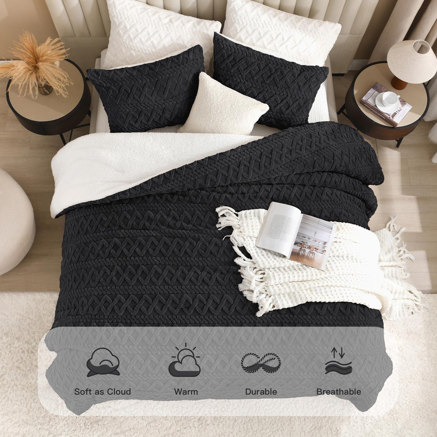 Andency Fluffy Comforter Set Queen Size, Black Sherpa Fleece Super Soft Warm Bedding for Winter, Luxury Boho Jacquard Thick Fuzzy Plush Bed Set 3 Pieces(1 Shaggy Comforter, 2 Pillowcases)