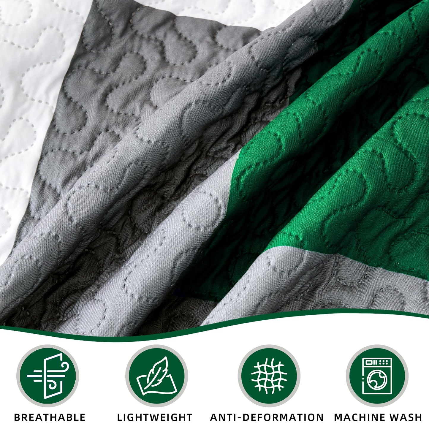 Tyrot 3 Piece Green Quilt Set Full/Queen Size Green Black White Geometric Reversible Bedding Set Microfiber Lightweight Bedspread Coverlet with 2 Shams Modern Bed Cover for All Season, 90''x96''
